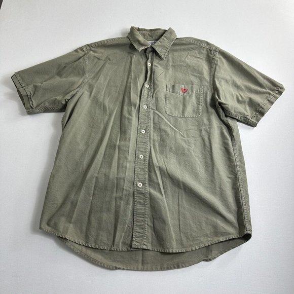 Lucky Brand Mens Army Green Button Down Shirt Size Large Short Sleeve Casual - Picture 1 of 9